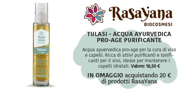 Promo omaggio Rasayana: Acqua ayurvedica pro-age Tulasi ogni 20 € di acquisti del brand