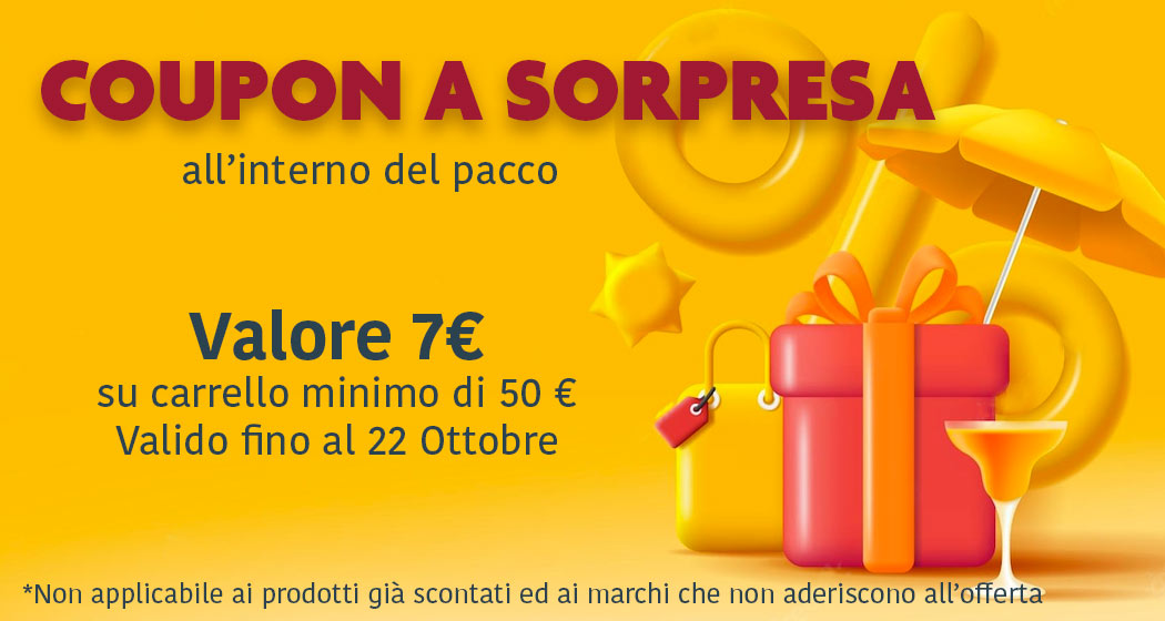 Coupon a sorpresa, troverai nel pacco un codice del valore di 7 € applicabile ad un carrello minimo di 50 e